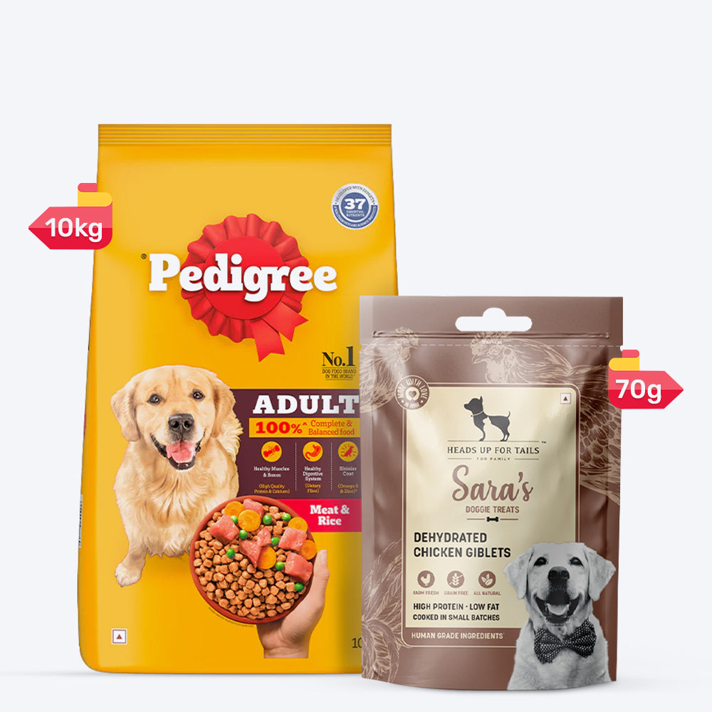 Pedigree Meat & Rice Dry Food & Sara's Dehydrated Chicken Giblets Treat Combo For Adult Dogs - Heads Up For Tails