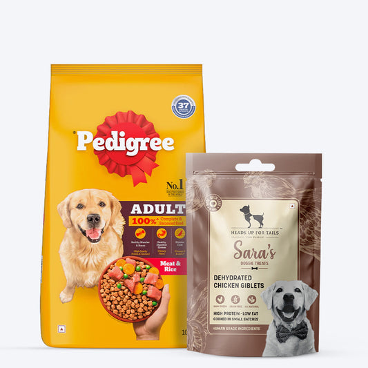 Pedigree Meat & Rice Dry Food & Sara's Dehydrated Chicken Giblets Treat Combo For Adult Dogs