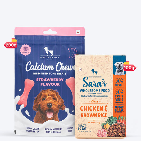 HUFT Wholesome Chicken, Brown Rice Food & Strawberry Chews Bone Treats Combo For Dog