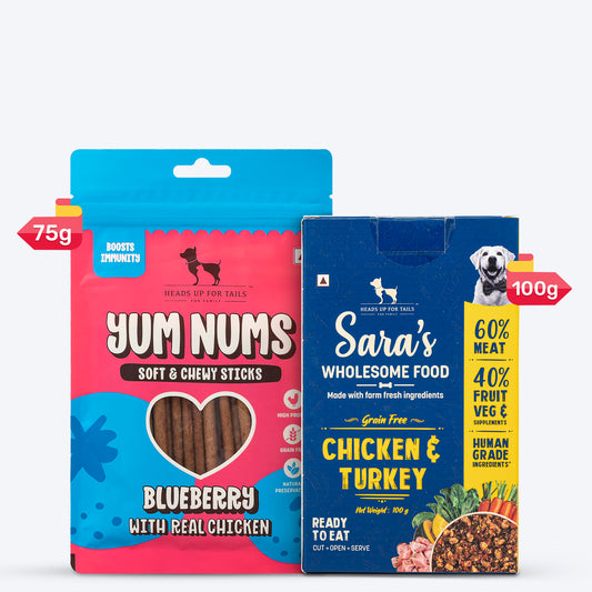 HUFT Wholesome Chicken, Turkey Food & Yum Nums Blueberry Treats Combo For Dog