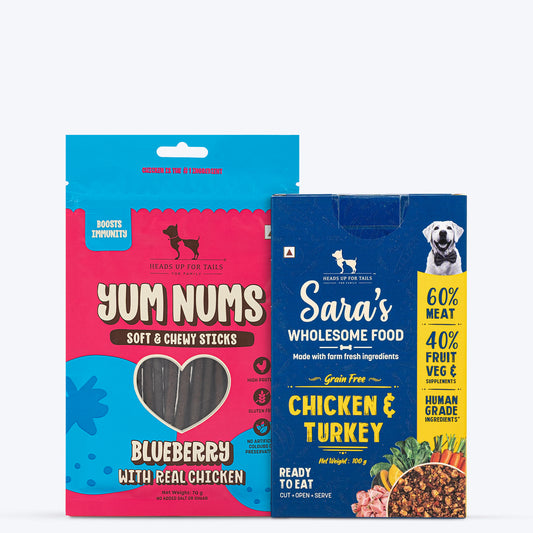 HUFT Wholesome Chicken, Turkey Food & Yum Nums Blueberry Treats Combo For Dog - Heads Up For Tails