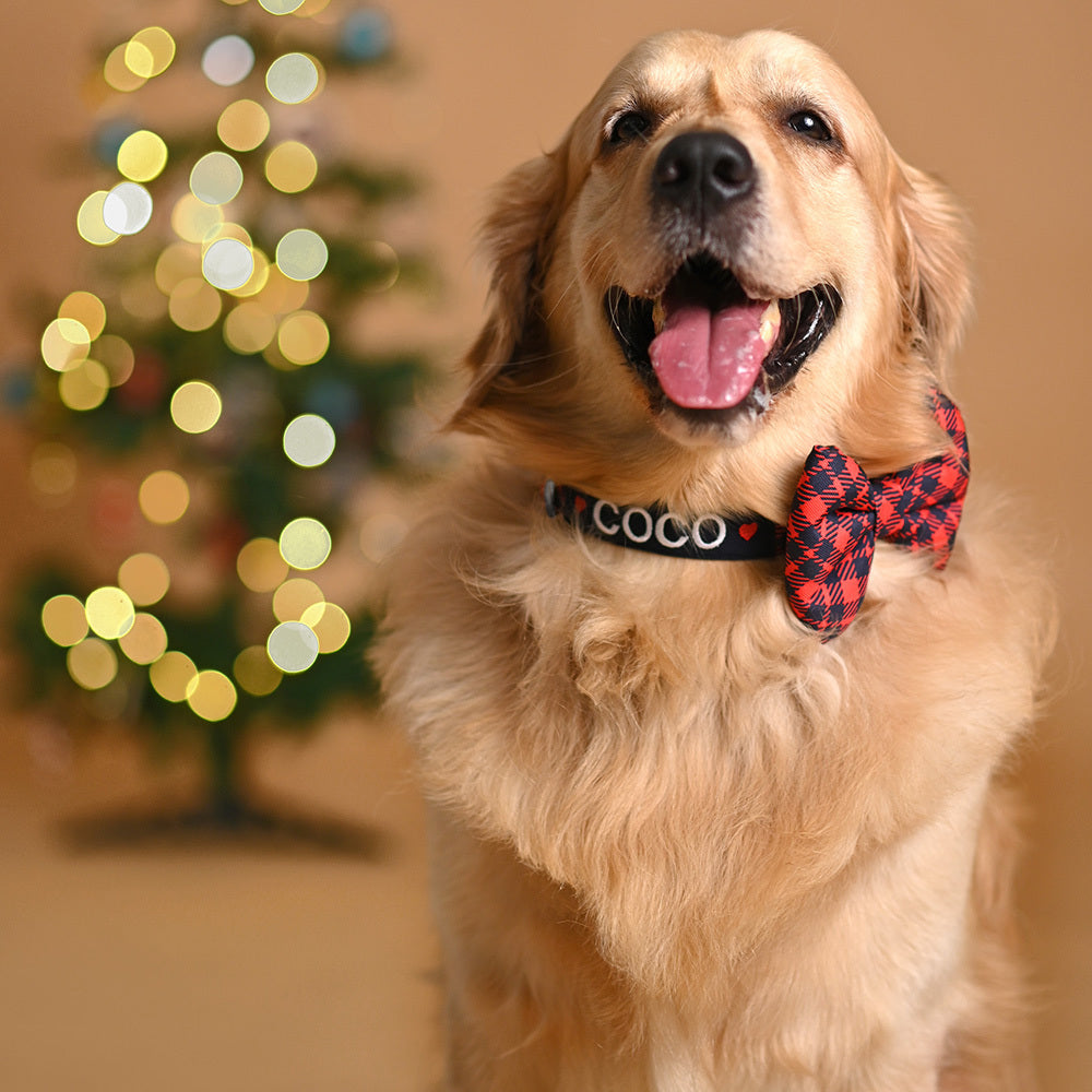 HUFT Personalised Tartan Fabric Collar With Free Bow Tie For Dogs