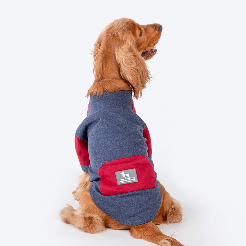 HUFT Colour Block Pocket Pet Sweatshirt - Blue Melange and Red, Stretchable, Cosy