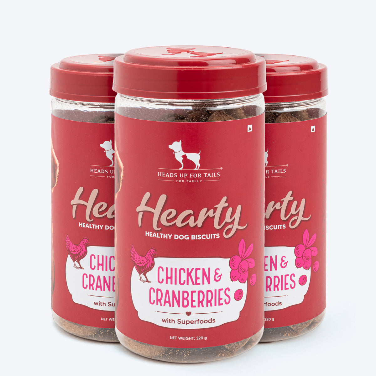 Hearty Chicken & Cranberries Healthy Dog Biscuits by Heads Up For Tails, 320 g, protein-rich and grain-free.