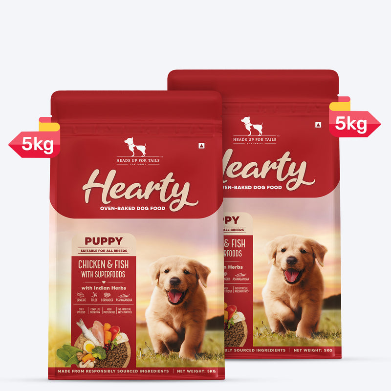 Hearty Oven-Baked Puppy Food by Heads Up for Tails, Chicken & Fish with Superfoods, 250g, suitable for all breeds.