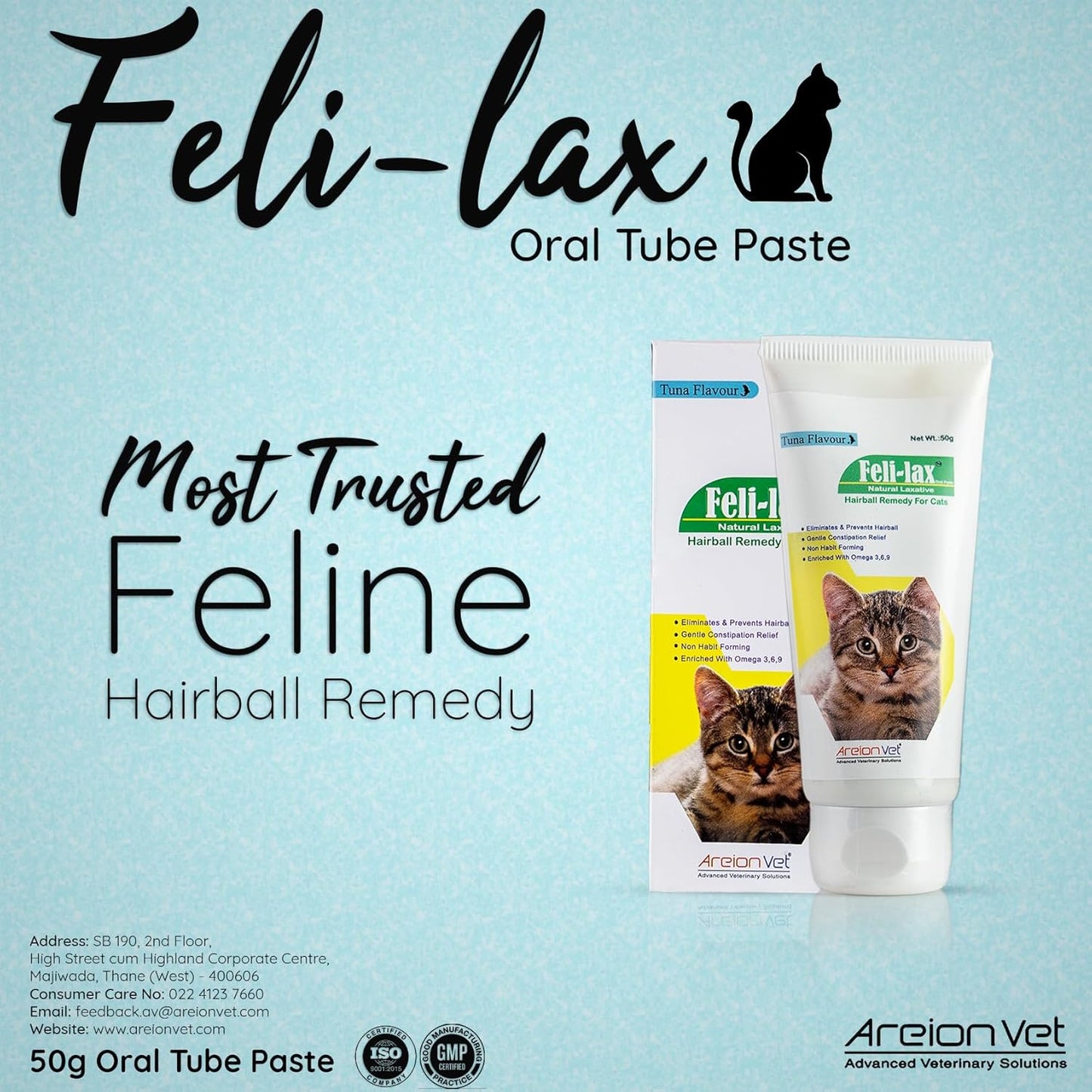 AreionVet Feli-Lax Feline Oral Tube Paste For Hairball Removal & Constipation For Cat - 50 gm - Heads Up For Tails