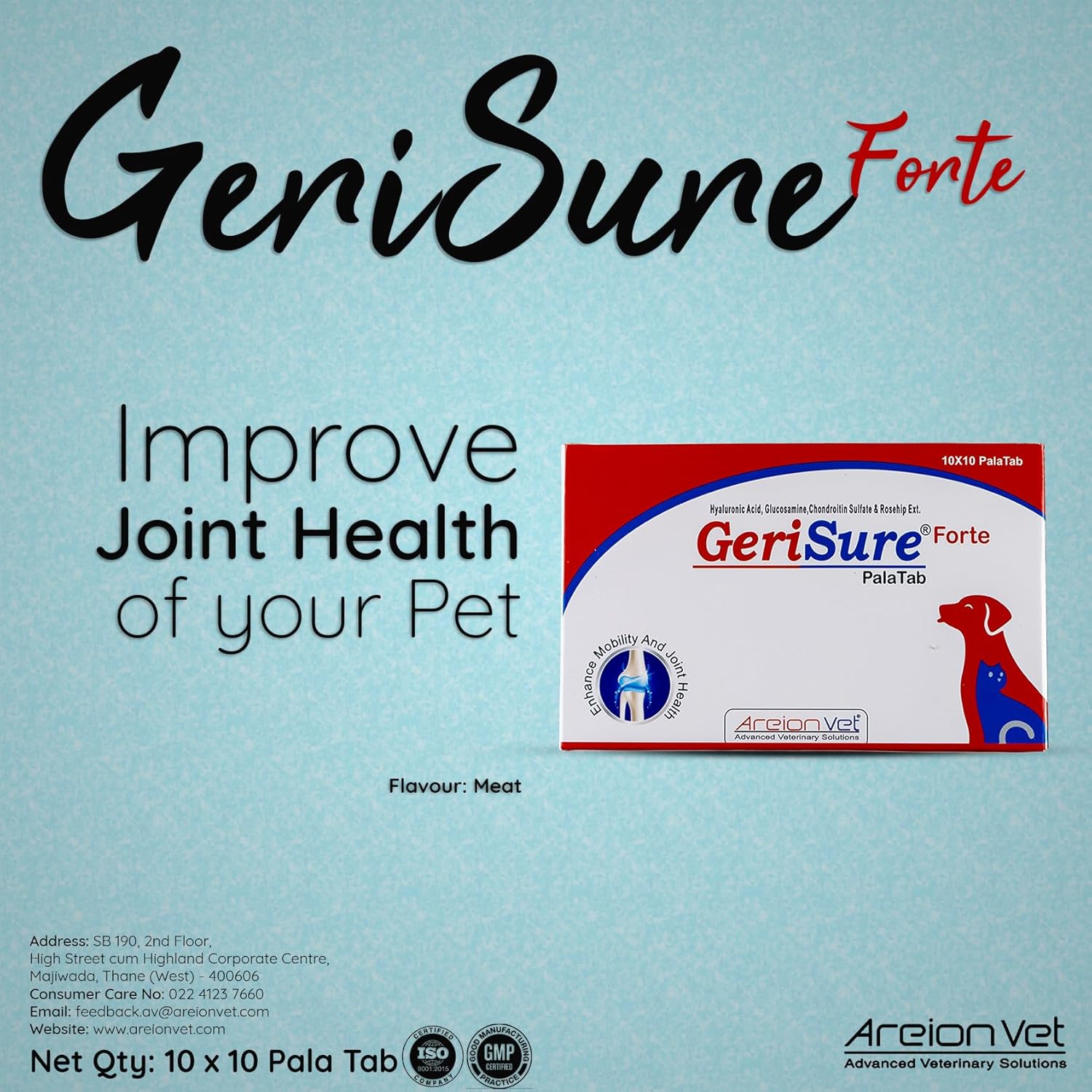 AreionVet Gerisure Forte Joint Health Pet Supplement For Dog & Cat - 10 Tablets - Heads Up For Tails