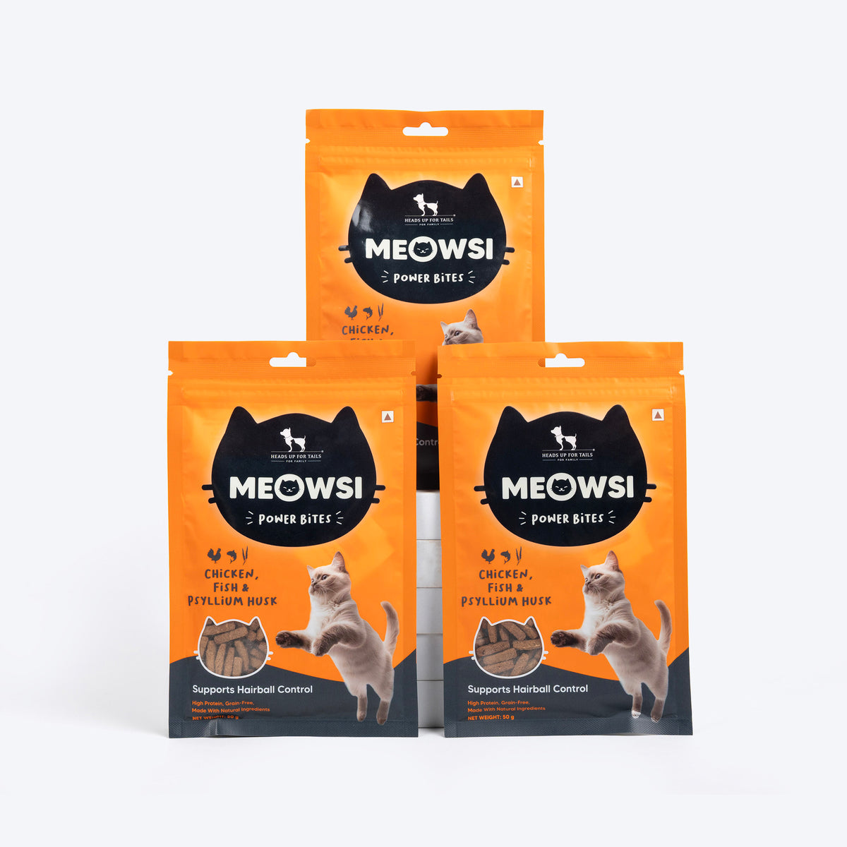 Meowsi by HUFT Power Bites, Chicken, Fish & Psyllium Husk, 50 gm, supports hairball control for cats.