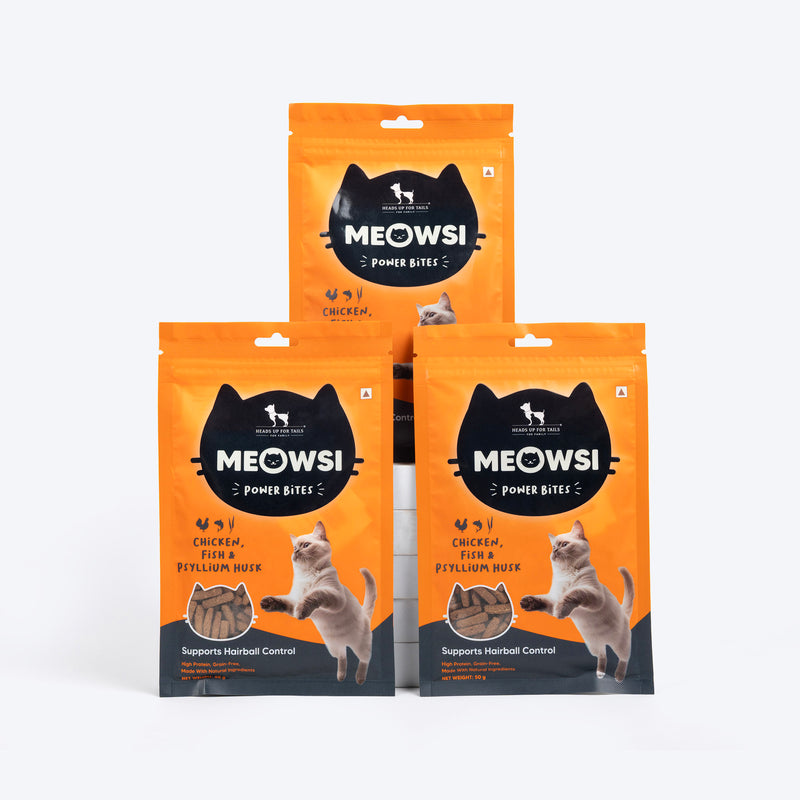 Meowsi by HUFT Power Bites, Chicken, Fish & Psyllium Husk, 50 gm, supports hairball control for cats.
