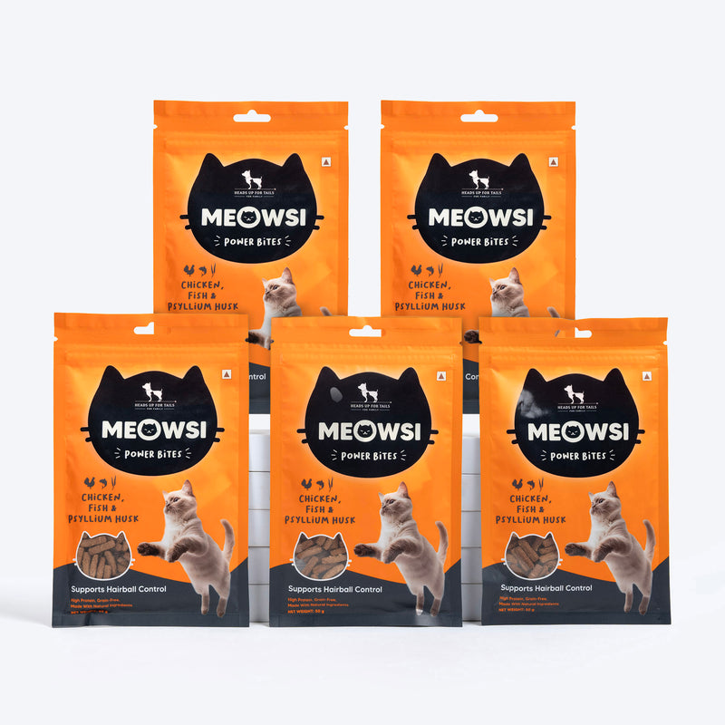 Meowsi by HUFT Power Bites, Chicken, Fish & Psyllium Husk, 50 gm, supports hairball control for cats.