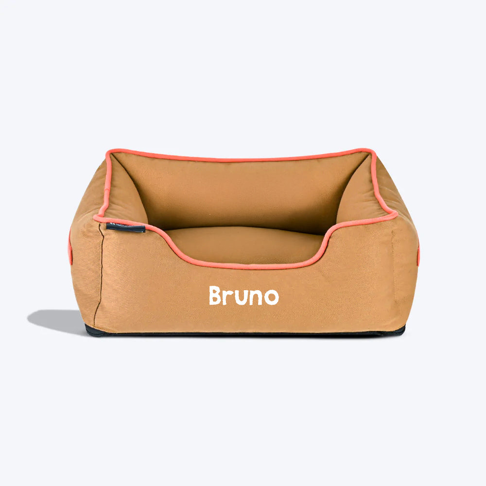 HUFT Personalised Classic Lounger Dog Bed (Free Bone Cushion) - Brown With Coral Piping