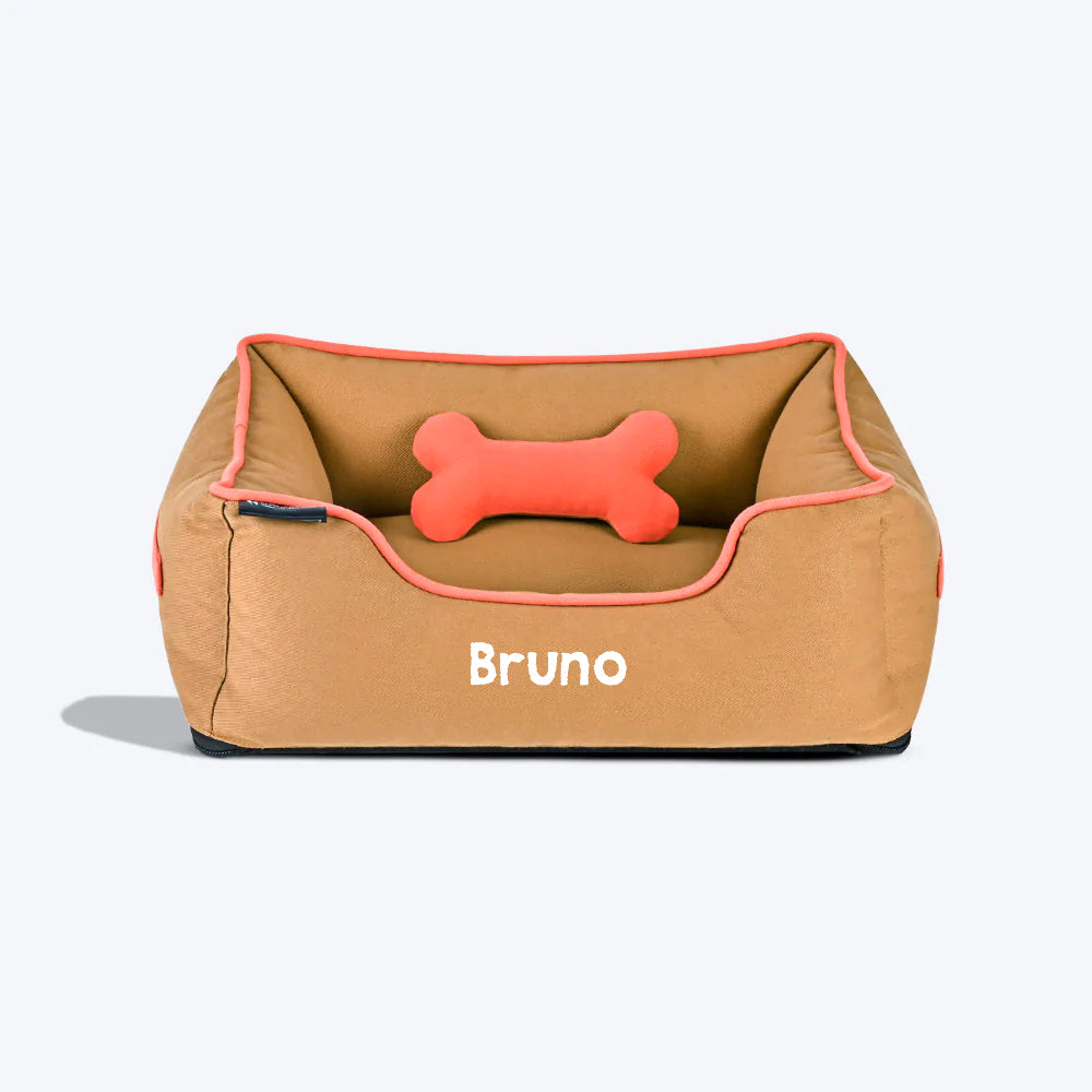 HUFT Personalised Classic Lounger Dog Bed (Free Bone Cushion) - Brown With Coral Piping