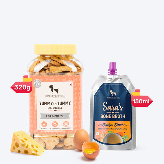 HUFT Sara's Chicken Bone Broth & YIMT Egg & Cheese Biscuits Combo For Dogs - Heads Up For Tails