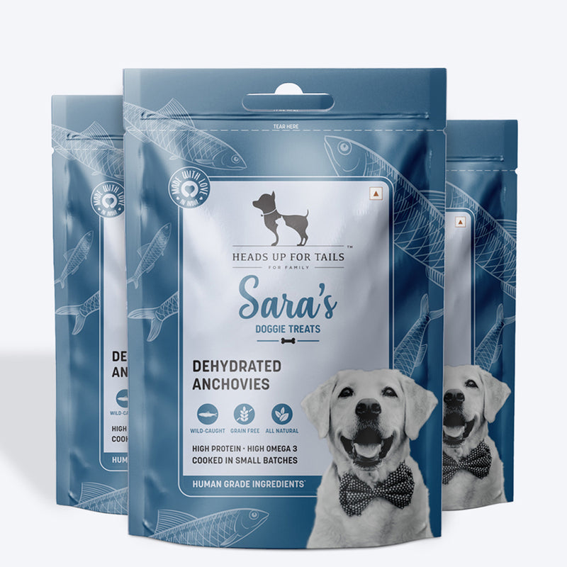 Sara's Doggie Treats Dehydrated Anchovies, 70 g, high protein, grain-free, human-grade ingredients, packaged in a resealable 