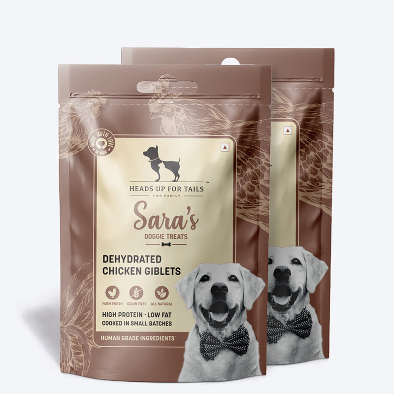 Sara's Doggie Treats Dehydrated Chicken Giblets, 70 g, high protein, low fat, all-natural dog treats in a resealable bag.