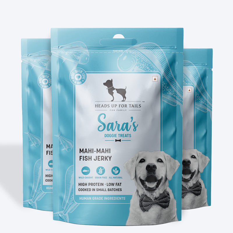 Sara's Doggie Treats Mahi Mahi Fish Jerky, 70 g, high protein, low fat, all-natural ingredients, suitable for dogs.