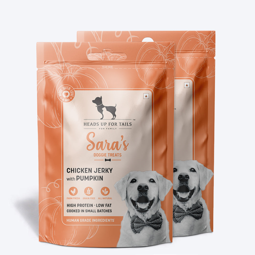 Sara's Doggie Treats Chicken Jerky with Pumpkin, 70 g, featuring a dog on the packaging and pieces of jerky and pumpkin.