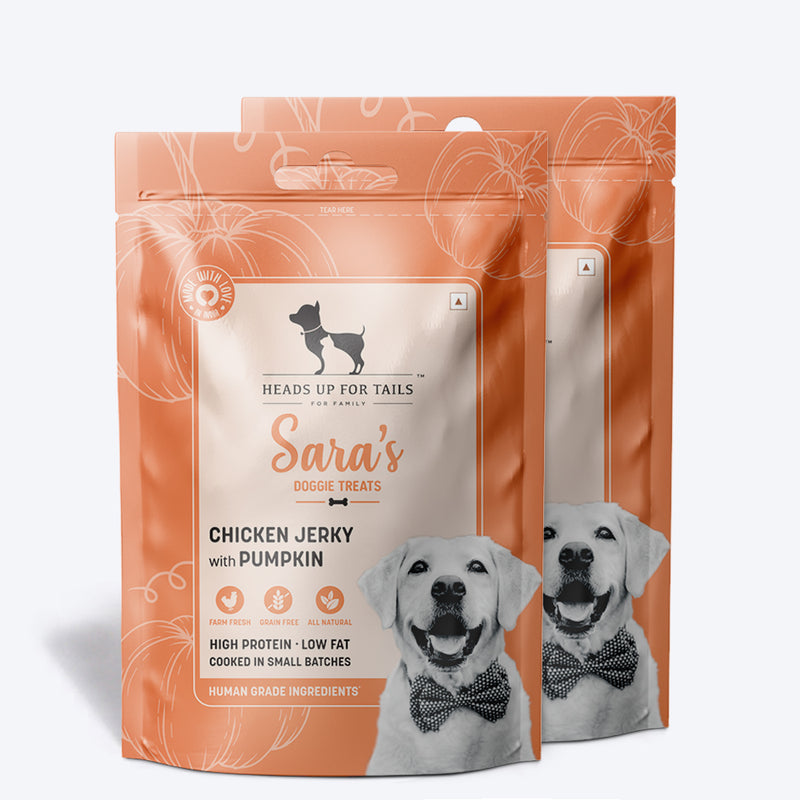 Sara's Doggie Treats Chicken Jerky with Pumpkin, 70 g, featuring a dog on the packaging and pieces of jerky and pumpkin.