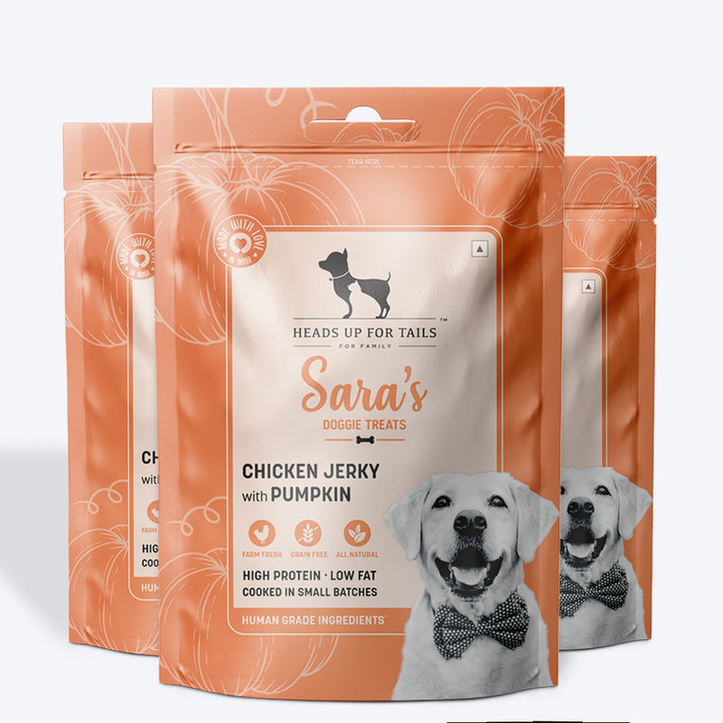Sara's Doggie Treats Chicken Jerky with Pumpkin, 70 g, featuring a dog on the packaging and pieces of jerky and pumpkin.