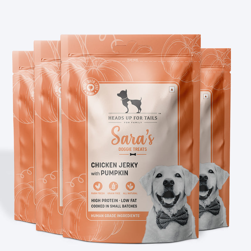 Sara's Doggie Treats Chicken Jerky with Pumpkin, 70 g, featuring a dog on the packaging and pieces of jerky and pumpkin.