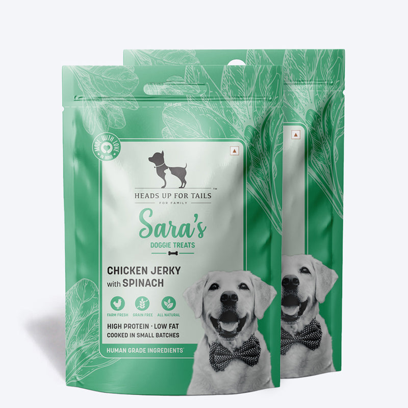 Sara's Doggie Treats Chicken Jerky with Spinach, 70 g, featuring a green packaging and images of spinach and jerky pieces.