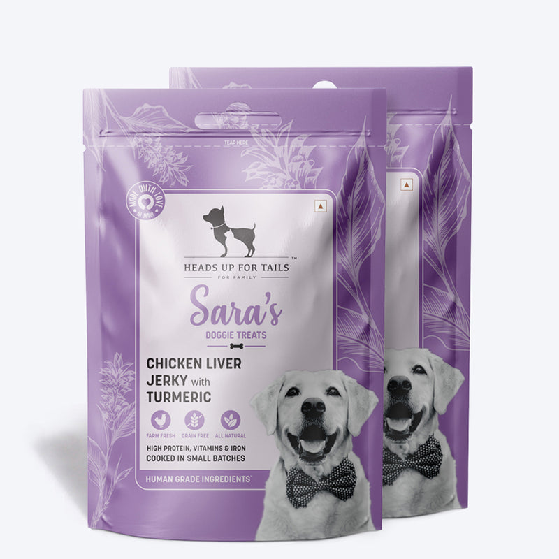 Sara's Doggie Treats Chicken Liver Jerky with Turmeric, 70 g, featuring a purple packaging and images of ingredients.