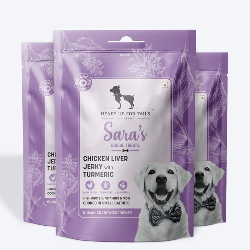 Sara's Doggie Treats Chicken Liver Jerky with Turmeric, 70 g, featuring a purple packaging and images of ingredients.