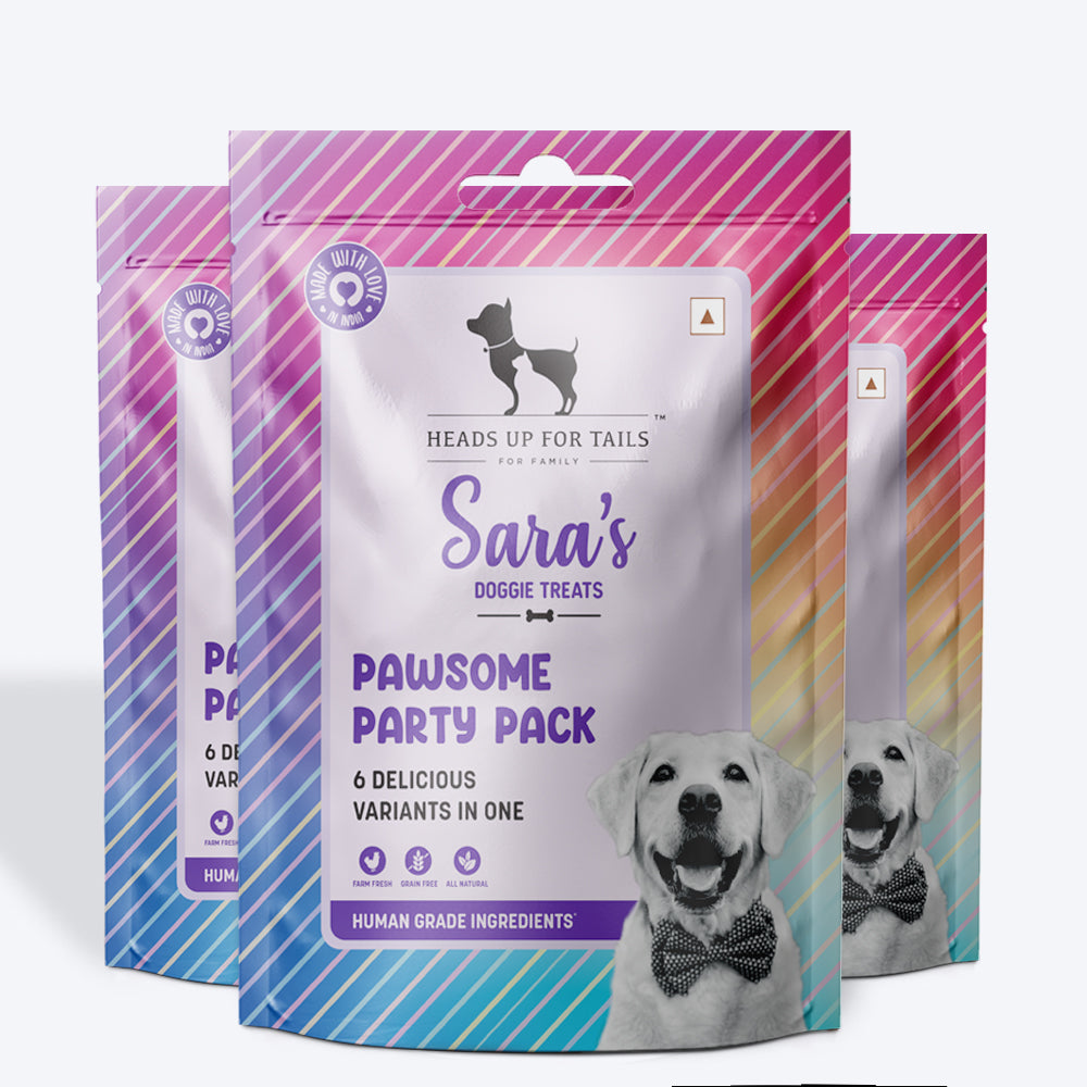 Sara's Doggie Treats Pawsome Party Pack, 200 gm, features 6 delicious variants for dogs, with a colorful packaging design.