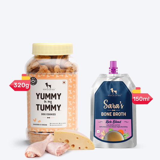 HUFT Sara's Rich Blend Bone Broth With YIMT Chicken & Cheese Biscuits Combo For Dogs - Heads Up For Tails