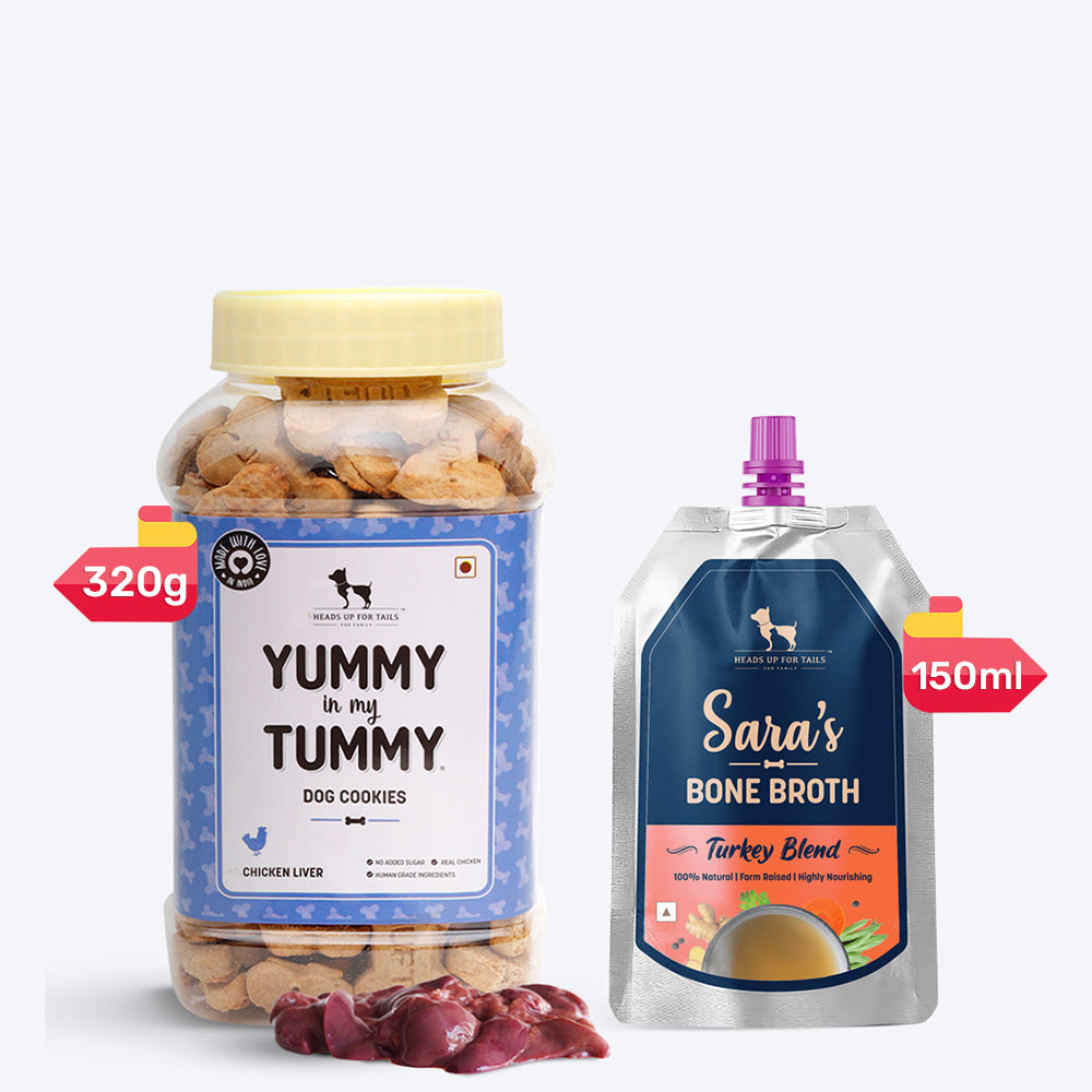 HUFT Sara's Turkey Blend Bone Broth & YIMT Chicken Liver Biscuits Combo For Dogs - Heads Up For Tails