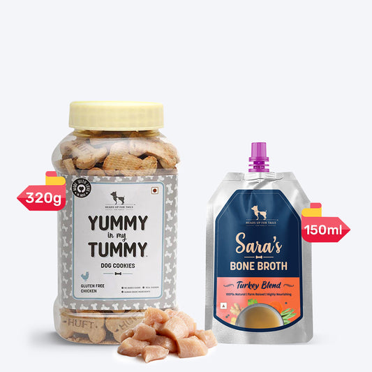 HUFT Sara's Turkey Blend Bone Broth & YIMT Real Chicken Biscuits Combo For Dogs - Heads Up For Tails