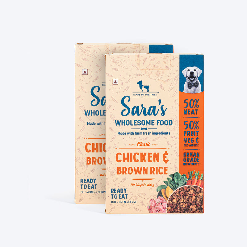 Sara's Wholesome Classic Chicken and Brown Rice Dog Food, 300g, made with 50% meat and 50% fruits and vegetables.