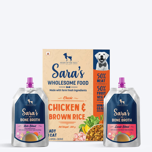 HUFT Sara's Wholesome Food- Classic Chicken & Brown Rice, Sara's Rich Blend and Lamb Blend Bone Broth Combo - Pack of 3 - Heads Up For Tails