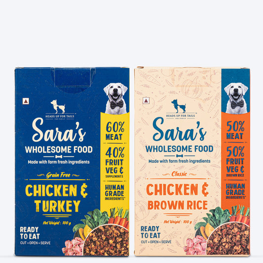 Sara's Wholesome Classic Chicken & Brown Rice and Grain-Free Turkey Combo Dog Food - 2x100 gm - Heads Up For Tails