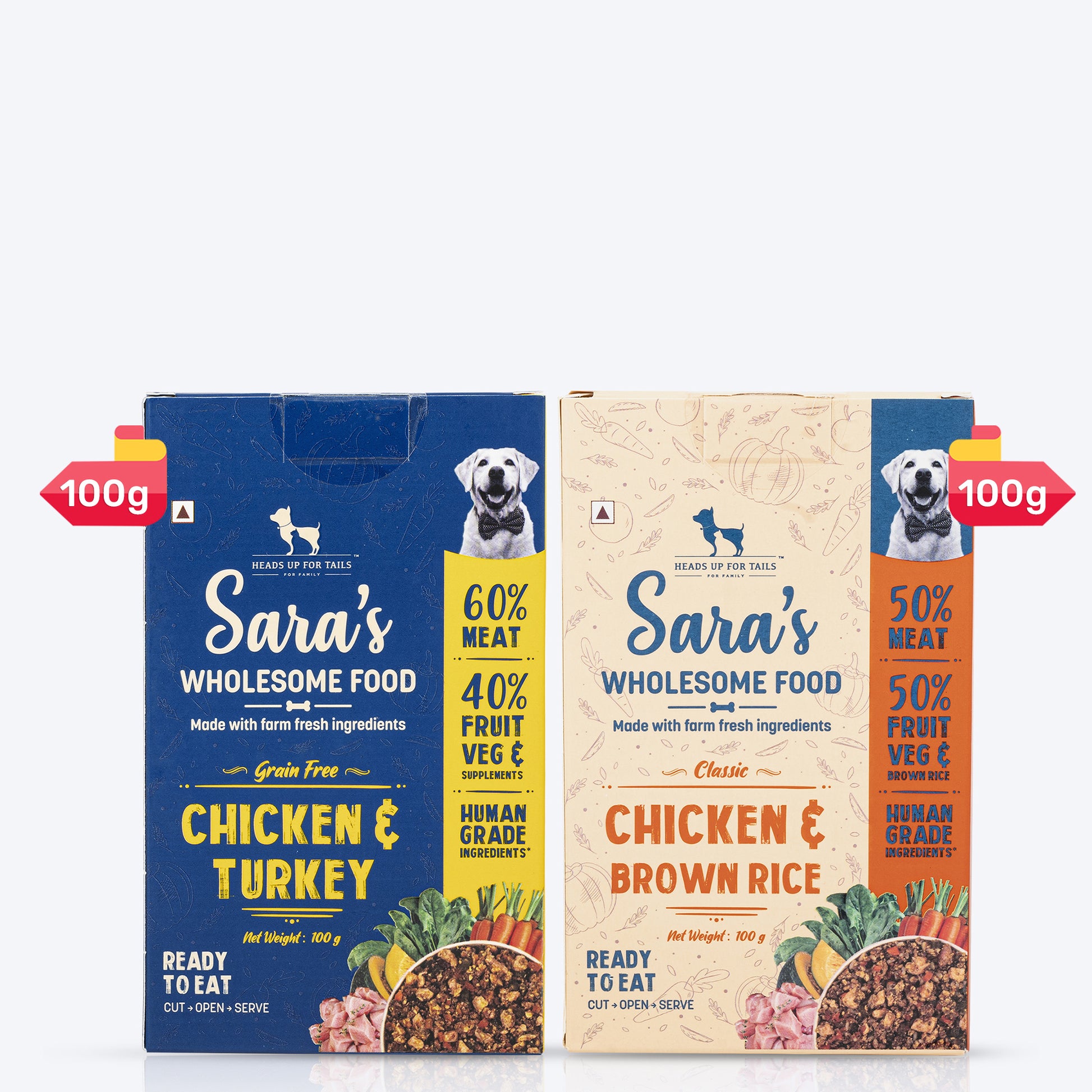 HUFT Sara's Wholesome Food - Classic Chicken & Brown Rice and Grain-Free Turkey Combo (2 x 100 g) - Heads Up For Tails