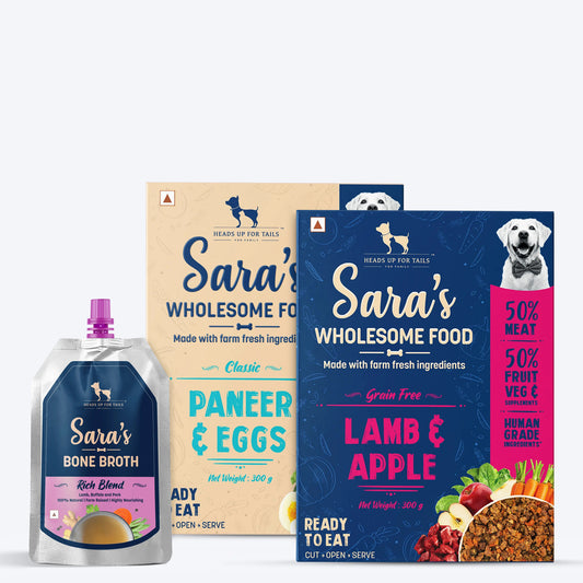 HUFT Sara's Wholesome Food- Classic Paneer & Eggs, Grain-Free Lamb & Apple and Sara's Rich Blend Bone Broth - Pack of 3 - Heads Up For Tails