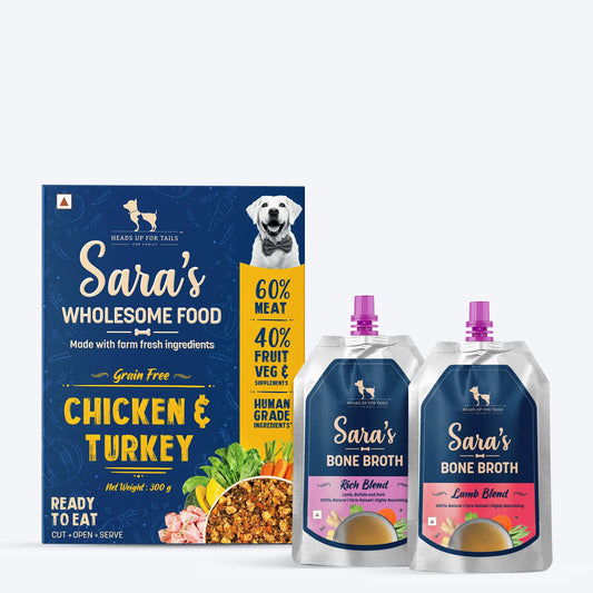 HUFT Sara's Wholesome Food- Grain-Free Chicken & Turkey Dog Food, Sara's Rich Blend and Lamb Bone Broth Combo - Pack of 3 - Heads Up For Tails
