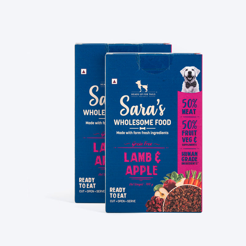 Sara's Wholesome Grain-Free Lamb and Apple Dog Food, 300 g, made with 50% meat and 50% fruit and vegetables.