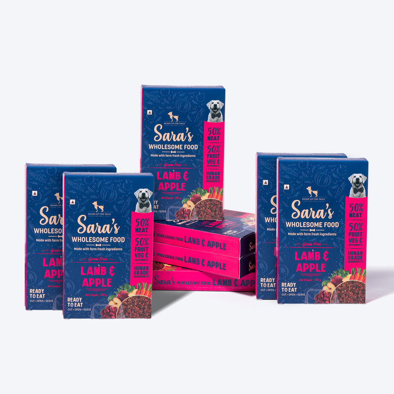 Sara's Wholesome Grain-Free Lamb and Apple Dog Food, 300 g, made with 50% meat and 50% fruit and vegetables.