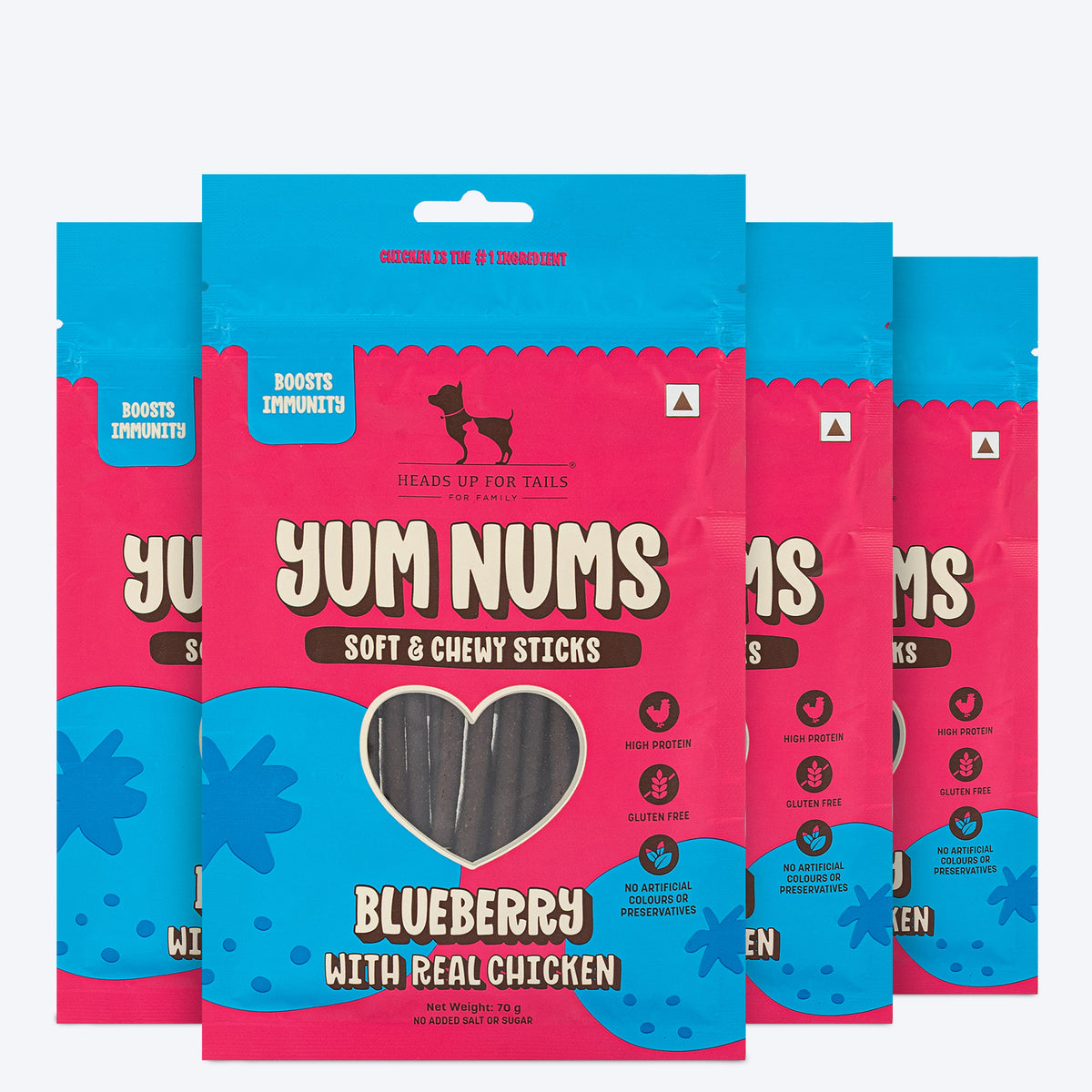 HUFT Yum Nums Dog Treats Soft & Chewy Sticks Blueberry With Real Chicken - 70 gm - Heads Up For Tails