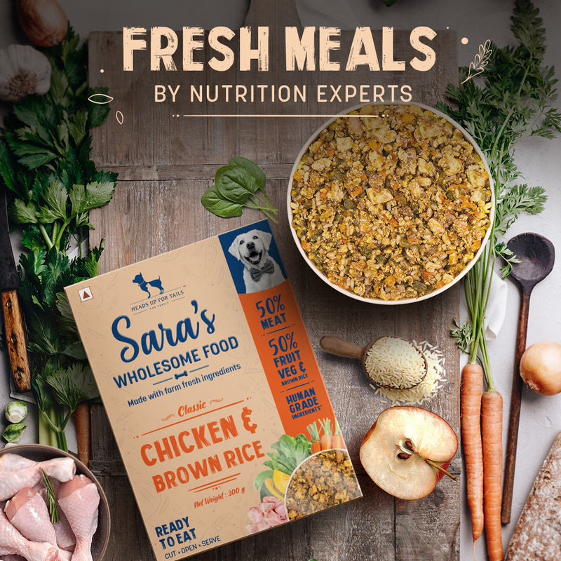 Sara's Wholesome Classic Chicken and Brown Rice Dog Food, 300g, made with 50% meat and 50% fruits and vegetables.