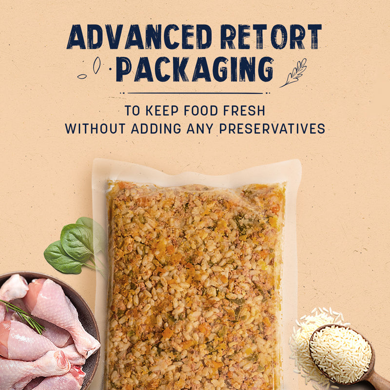 Sara's Wholesome Classic Chicken and Brown Rice Dog Food, 300g, made with 50% meat and 50% fruits and vegetables.