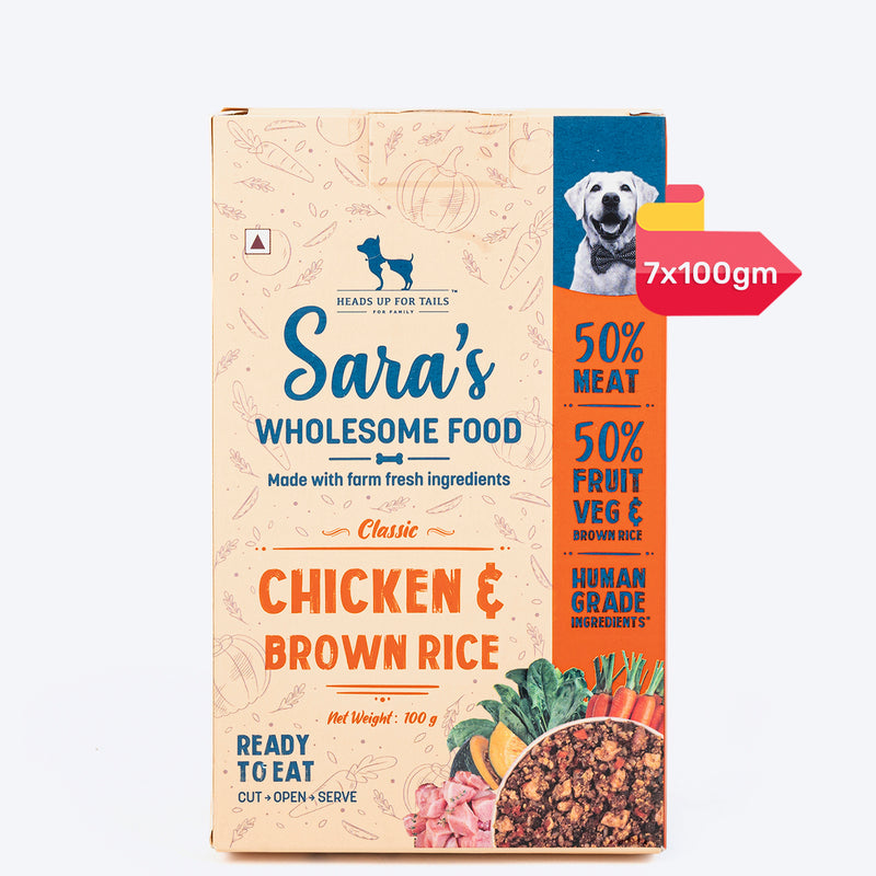 Sara's Wholesome Classic Chicken and Brown Rice Dog Food, 300g, made with 50% meat and 50% fruits and vegetables.
