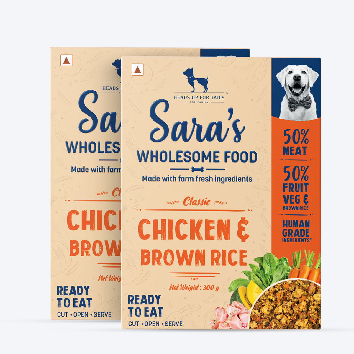 Sara's Wholesome Classic Chicken and Brown Rice Dog Food, 300g, made with 50% meat and 50% fruits and vegetables.