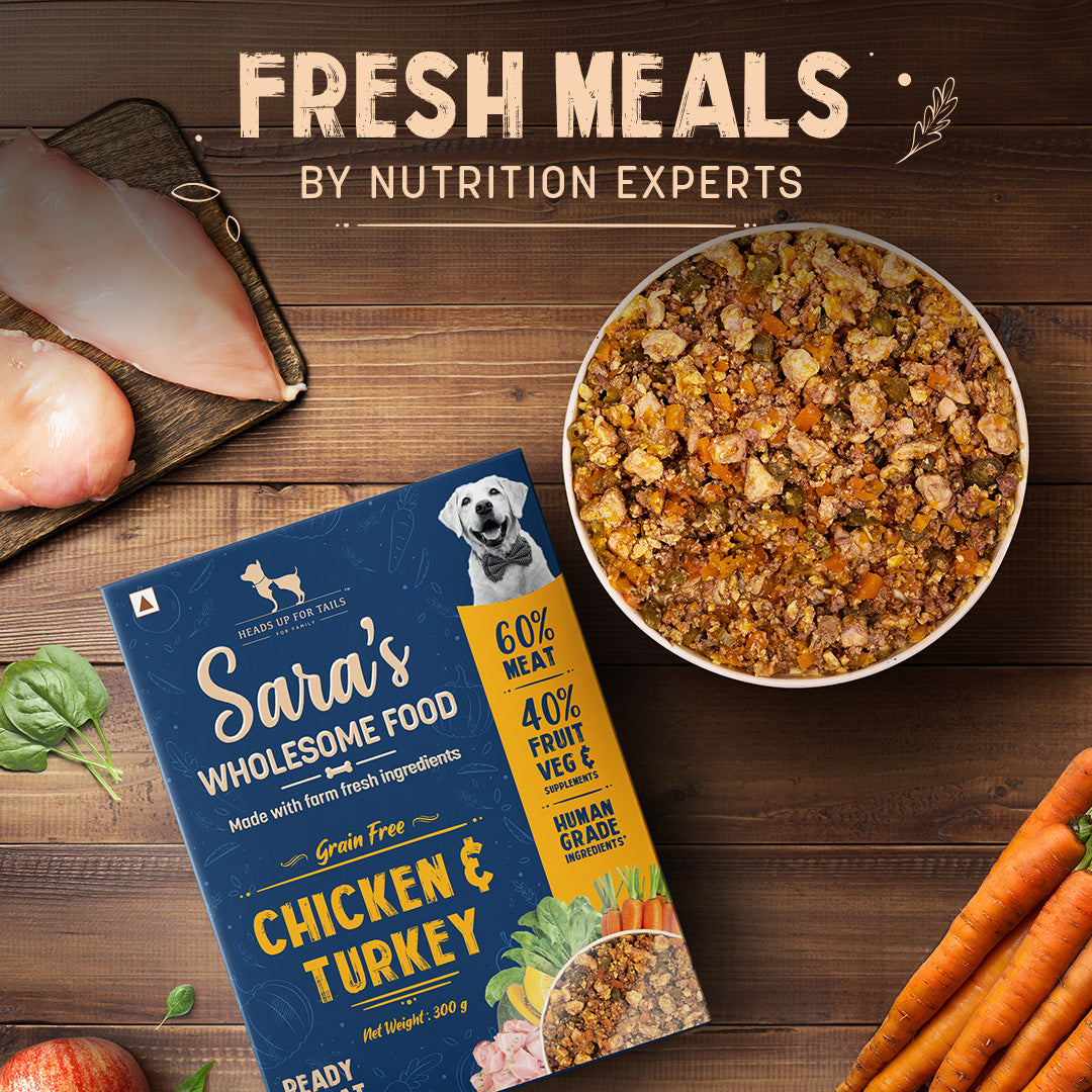 Sara's Wholesome Grain-Free Chicken and Turkey Dog Food, 300 g, made with 60% meat and 40% fruits and vegetables.