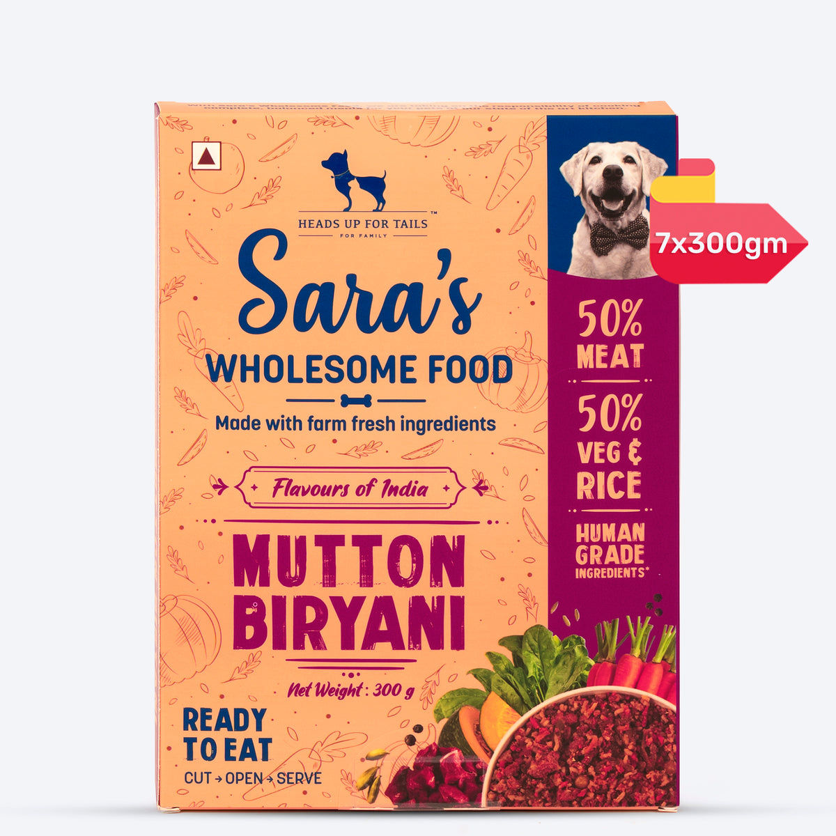 Sara's Wholesome Food Mutton Biryani, Flavours of India, 300 g, made with 50% meat and 50% vegetables and rice.