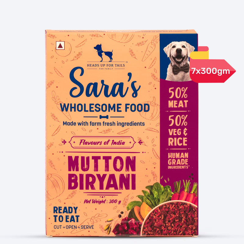 Sara's Wholesome Food Mutton Biryani, Flavours of India, 300 g, made with 50% meat and 50% vegetables and rice.