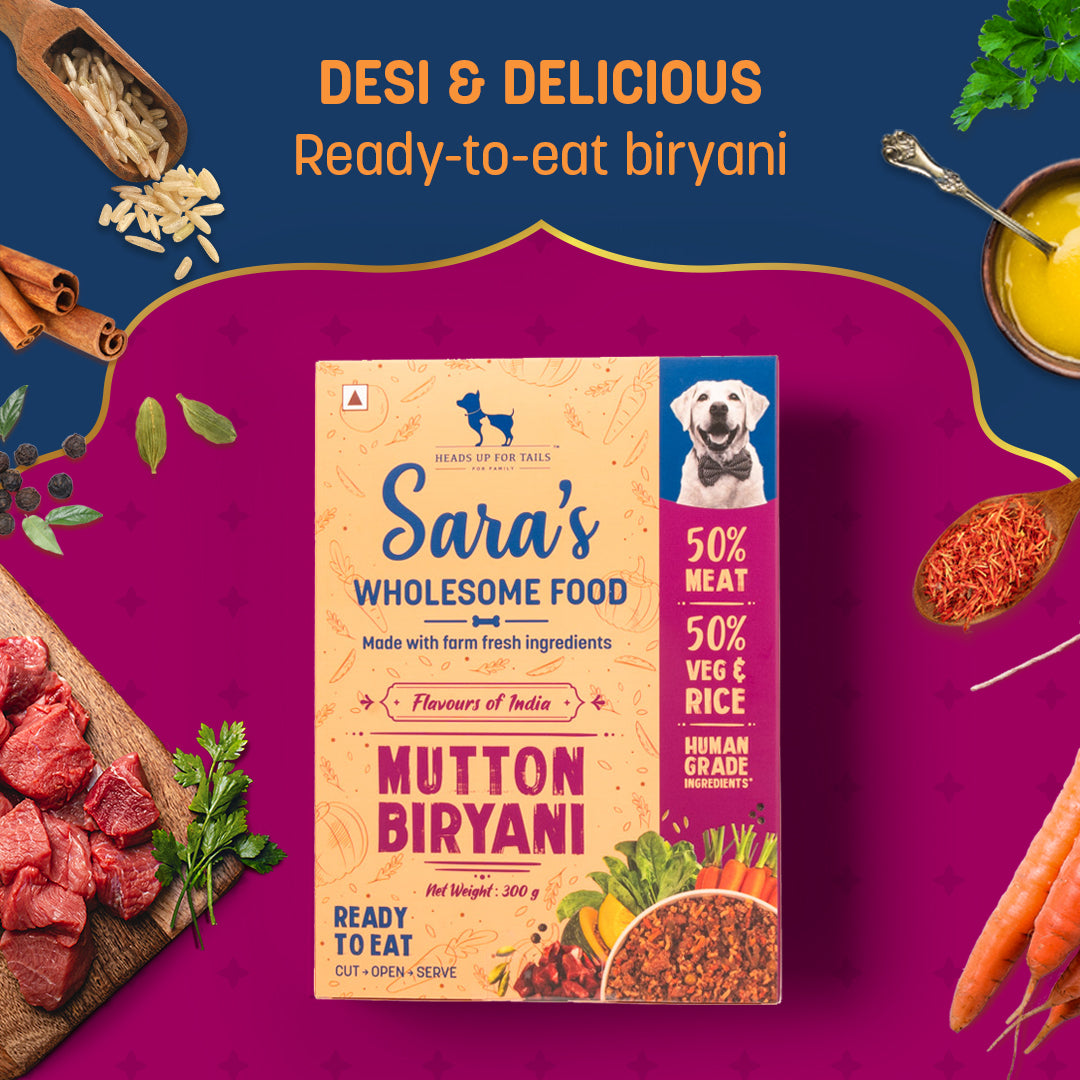 Sara's Wholesome Food Mutton Biryani, Flavours of India, 300 g, made with 50% meat and 50% vegetables and rice.