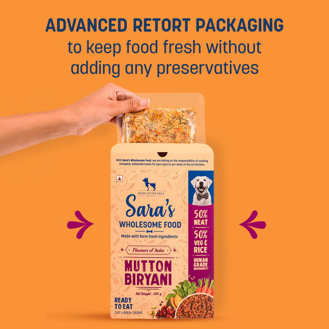 Sara's Wholesome Food Mutton Biryani, Flavours of India, 300 g, made with 50% meat and 50% vegetables and rice.