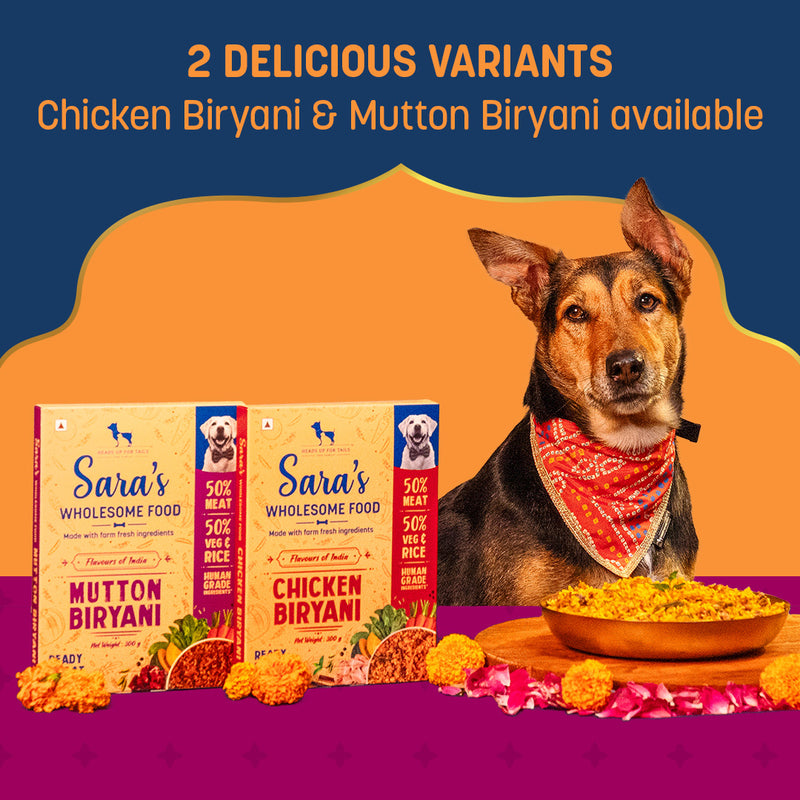 Sara's Wholesome Food Mutton Biryani, Flavours of India, 300 g, made with 50% meat and 50% vegetables and rice.